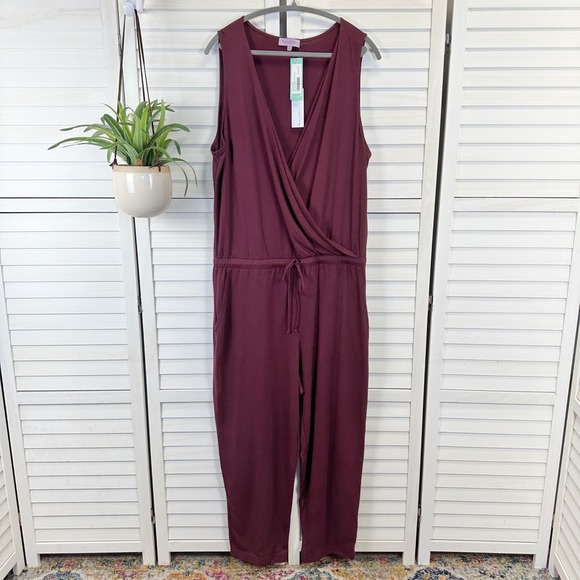 New Michael Stars Macey Surplice Knit Jumpsuit XXL Burgundy Eggplant Sleeveless - Picture 1 of 9